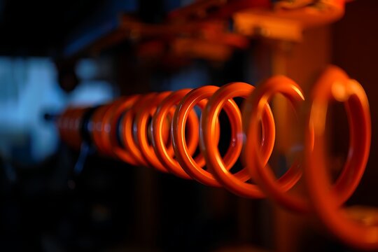 Close up automotive rear shock absorber with spring, black body, metal suspension part used in vehicle performance, repair, engineering, and mechanical systems macro detail view