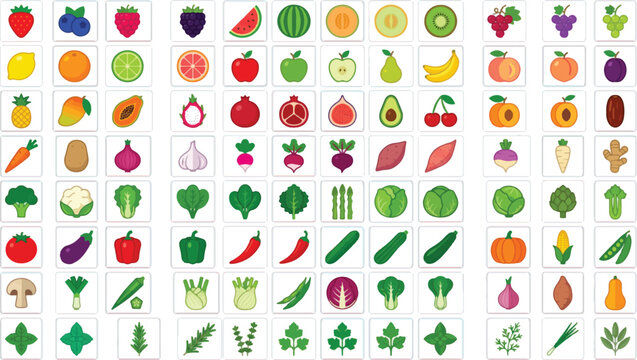 Flat fruit and vegetable icons set, 84 colorful food vector elements, organic produce symbols for grocery apps and healthy nutrition menus