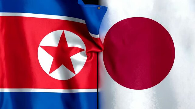 北朝鮮国旗と日本国旗が並んで見える布の質感が東アジア情勢を象徴する国際イメージ