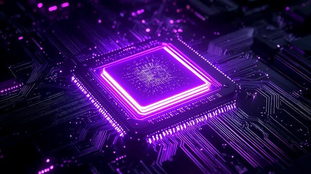 紫色に輝く電子基板上のチップが人工知能と先端技術を連想させる未来的な背景素材