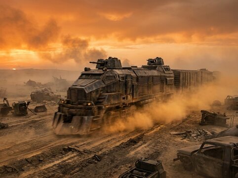Armored train rushing through desolate wasteland at sunset