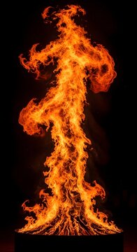 A vibrant flame sculpture rises against a dark background creating a dramatic and fiery visual.