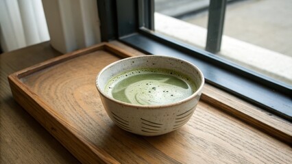 Naklejka premium Frothy Matcha Green Tea in Ceramic Bowl on Wood