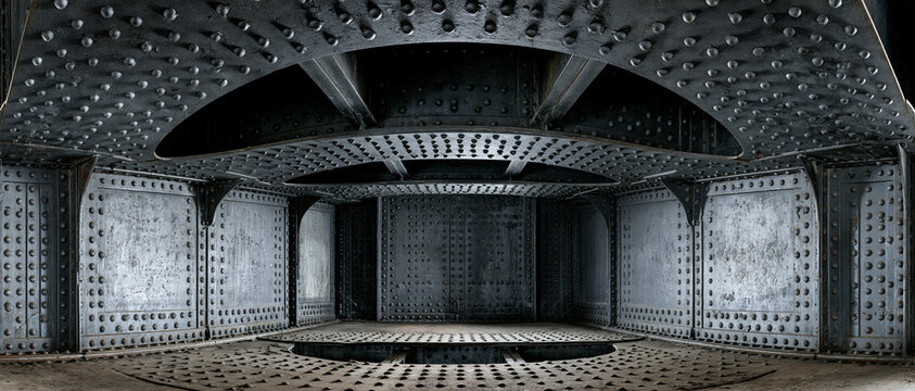 Modern Industrial Architecture: Minimalist Interior Design with Metal Surfaces and Geometric Patterns in Monochrome Warehouse Studio