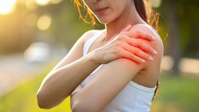 夕日の柔らかな光の中で肩を押さえる女性が筋肉の痛みを感じている医療健康イメージ風景