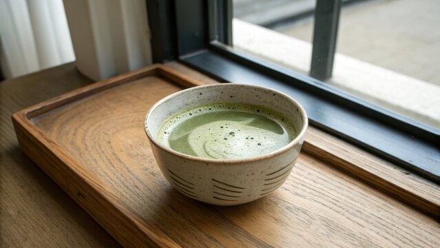 Frothy Matcha Green Tea in Ceramic Bowl on Wood