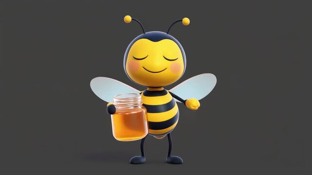 Adorable cartoon bee character holding a jar of honey with closed eyes in delightful animati.