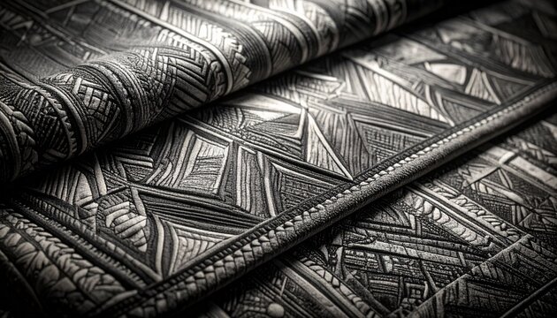 Close-up of handwoven African mud cloth with geometric patterns and symbols
