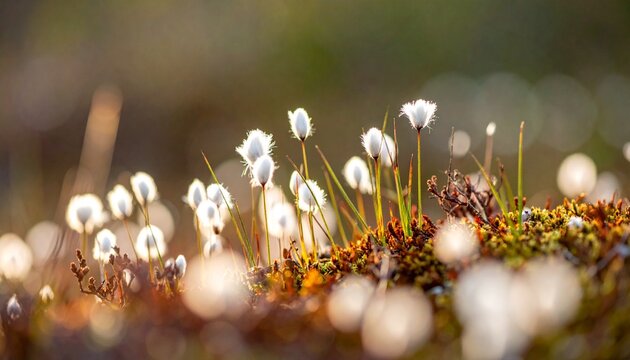Close-up of white cotton grass tufts on peat hummock in spring bog