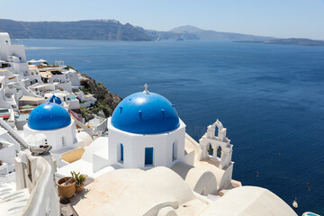 Blue domes - Oia Santorini Greece. Famous view from the Greek Island of Santorini. © jeayesy