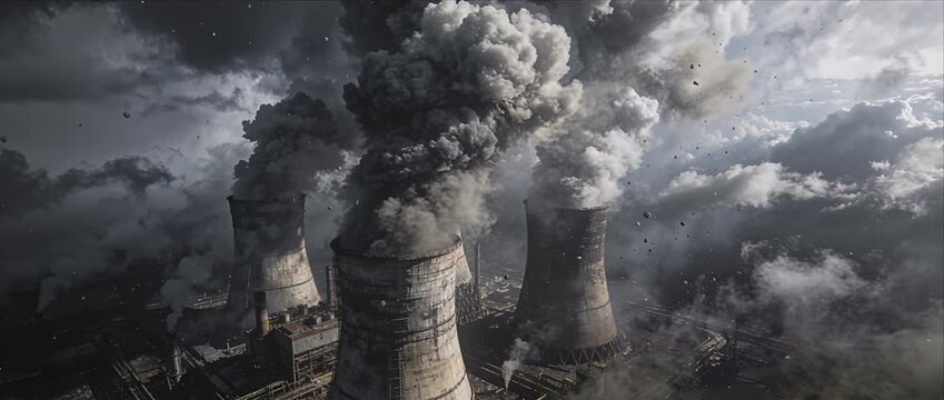 Industrial pollution smoke power plant climate change global warming dark sky factory cooling tower toxic environment air pollution cloud disaster fumes heavy industry emission gloom destruction