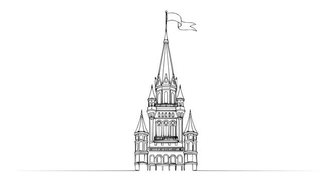 Hand-drawn sketch of a gothic castle tower with a flag, isolated on white background.