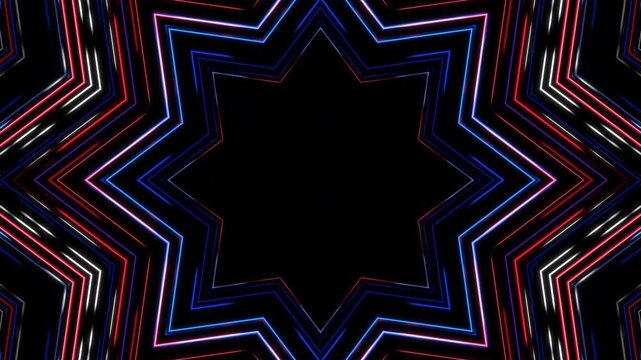 Glowing Red, White, and Blue Neon Eight Point Star Kaleidoscope With Radial Symmetry on Black, Created in Adobe After Effects
