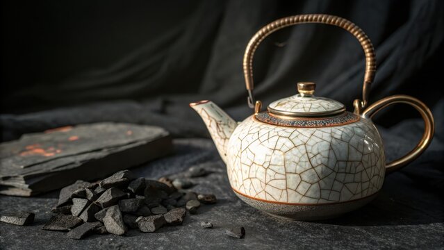Raku Fired Teapot with Unique Crackle Glaze Texture