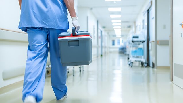 Medical professional carrying sterile transport cooler with biological samples inside bright clinical laboratory facility, ensuring safe refrigerated specimen handling for urgent hospital research ana