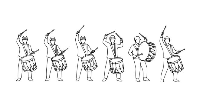 Drummers Lineup: Marching Band Musicians Playing Drums in a Row