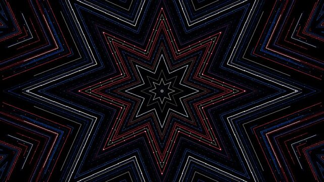 Nested Red, White, and Blue Eight Point Star Kaleidoscope With Layered Radial Symmetry on Black, Created in Adobe After Effects
