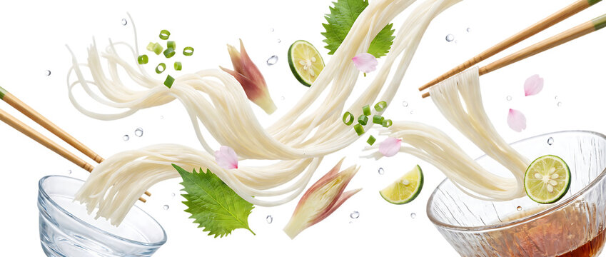爽やかな夏を感じるそうめんと竹ざる薬味の日本食ポートレート