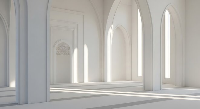 Minimalist architectural rendering of a mosque interior with arched ceilings and neutral-toned flooring.