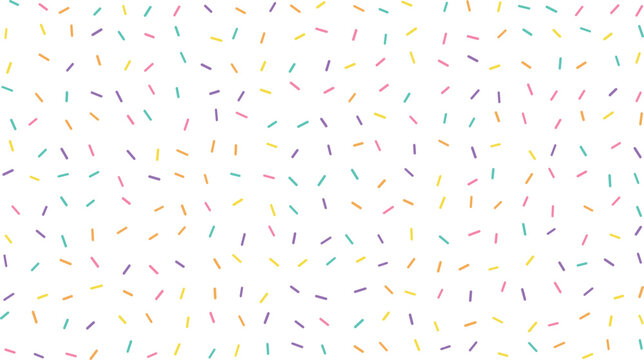 Gentle pastel pink yellow green and purple dash shapes are scattered on a crisp white surface
