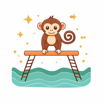 Cute Cartoon Monkey on Balance Beam