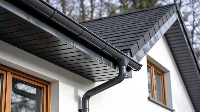 Close-up view of seamless aluminum rain gutter installed on modern white house roof exterior, showing drainage system, architecture detail, and residential water protection structure.