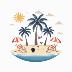 Fototapeta premium Tropical Island Paradise with Palm Trees and Beach Chairs