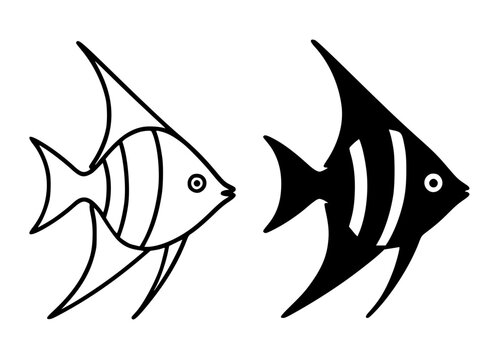 Minimalist angel fish icon in outline and silhouette design