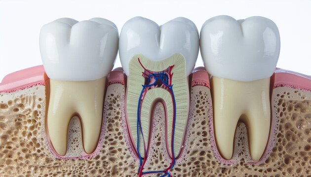 Permanent teeth with secondary dentin formation, cross-section view