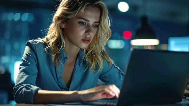 夜のオフィスで頬杖をつきながらノートパソコンを見つめて疲れた表情を浮かべる金髪女性ビジネスウーマンの静かな残業風景