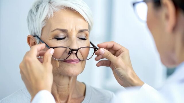 短い白髪の女性が眼科で新しい眼鏡を試しながら明るい笑顔を見せる診察中の落ち着いた風景