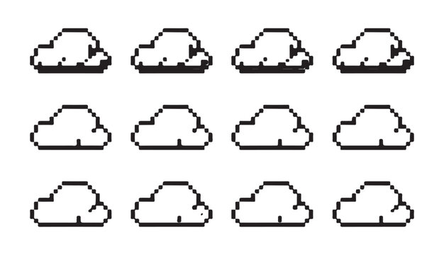 Pixel cloud vector icon set. simple black and white design element. digital art.