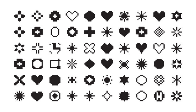 Diverse pixel art icons set, abstract shapes, hearts, plants, and geometric patterns.