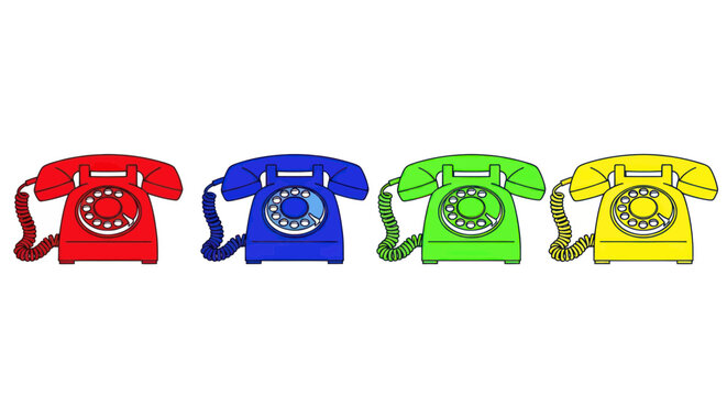 Retro Rotary Phones in Vibrant Colors: Red, Blue, Green, Yellow
