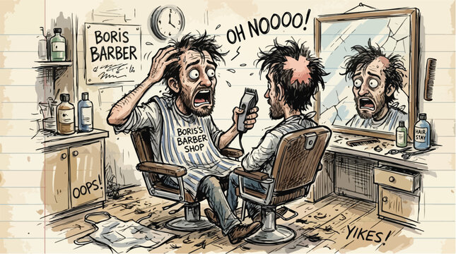 Funny barber shop cartoon illustration, shocked man with bad haircut and bald spot, vintage comic style hair salon disaster scene vector