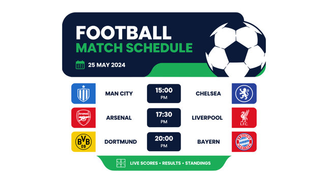 Football match schedule graphic showing teams and times.