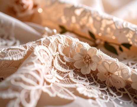 Delicate lace fabric with floral embroidery