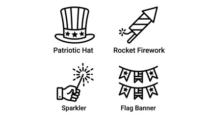 Fototapeta premium 4th of July icons, patriotic hat, rocket firework, sparkler, flag banner