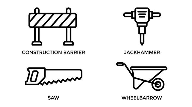 Construction tools icons, barrier, jackhammer, saw, wheelbarrow
