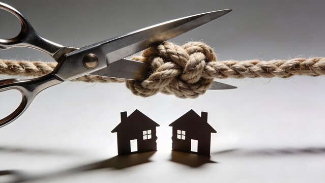 Scissors cutting a knotted rope above two house silhouettes, symbolizing property division and legal separation.