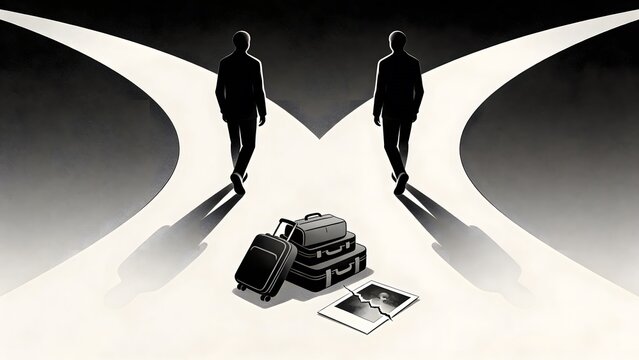 Two people walk away from each other down different paths, leaving luggage and a broken photo behind.