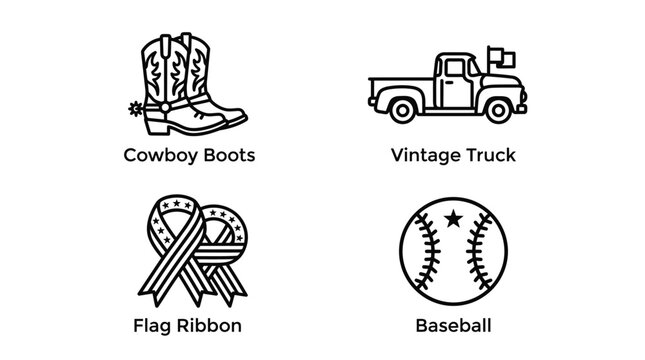 American country icons, cowboy boots, vintage truck, baseball and flag ribbon