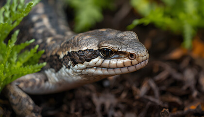 Fototapeta premium Blue-tongue skink head showcasing intricate scale patterns in a sharp focus macro shot isolated for zoological education and pet care branding