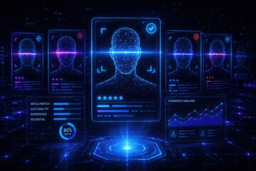 Fototapeta premium Ai-powered facial recognition for hiring digital hiring profiles high-tech assessment environment futuristic perspective