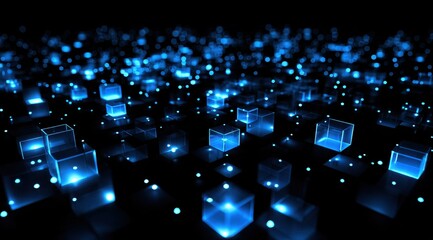 Fototapeta premium Glowing Blue Cubes and Sparkling Lights on a Dark Background Abstract Technology Concept