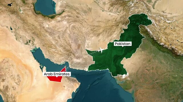 Animated map showing the flight path from the Arab Emirates to Pakistan with an airplane icon