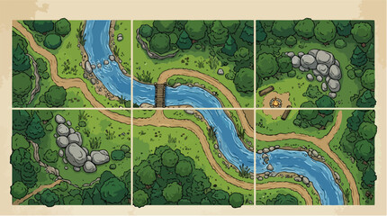 Fototapeta premium Fantasy RPG world map tiles, modular forest landscape with river and bridge, tabletop gaming battle map vector, hand-drawn wilderness terrain set