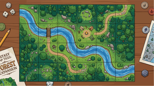 Fantasy map tiles forest expansion, tabletop RPG board game layout with river and campsite, modular wilderness terrain vector for adventure gaming