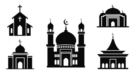 Obraz premium Religious Building Icons: Mosque, Church, Temple Silhouettes