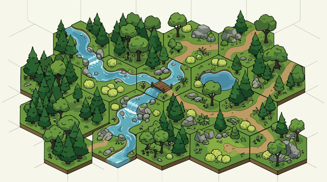 Isometric hexagon map tiles of forest landscape, modular game environment with river and trees, fantasy tabletop world building vector kit